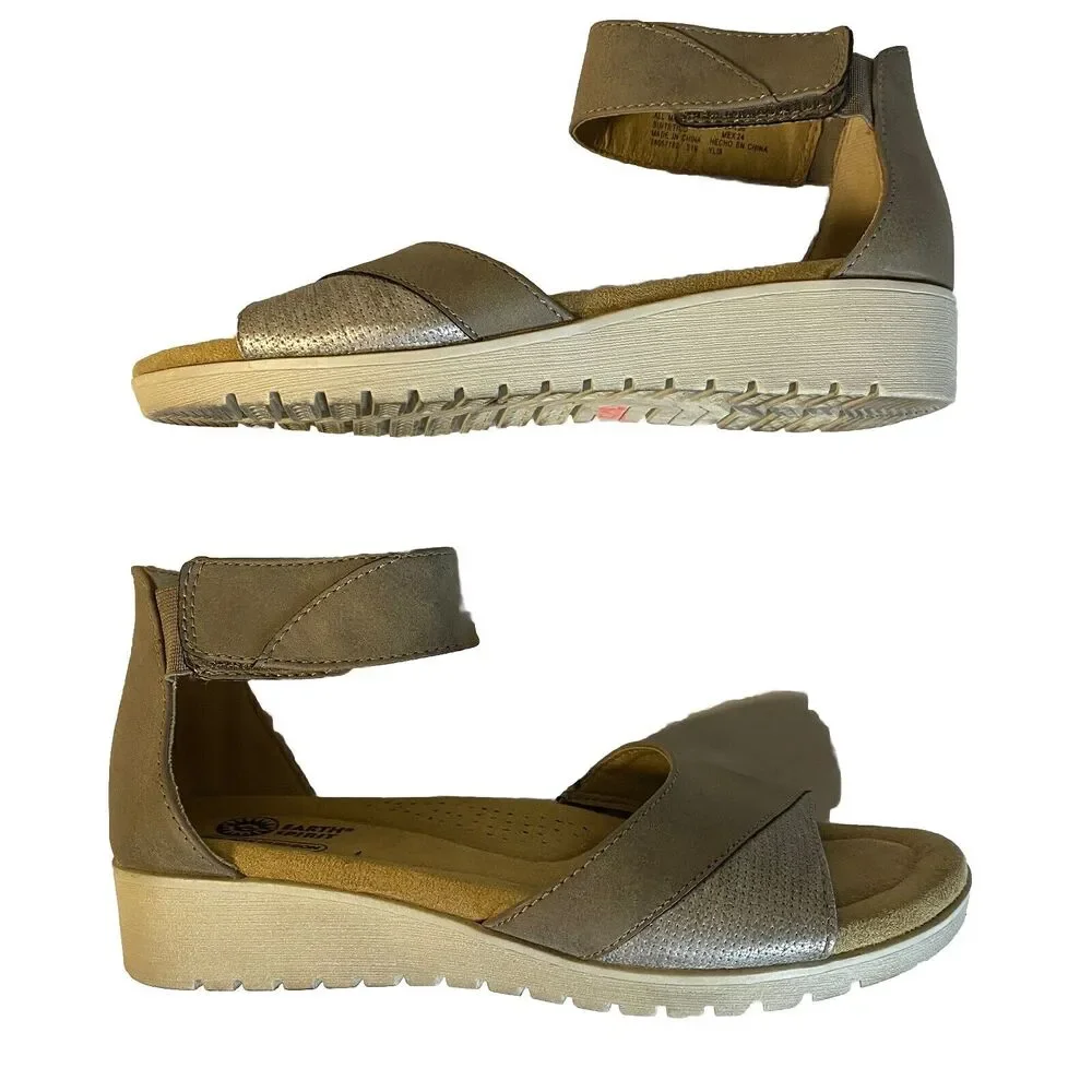Earth Spirit Sandals 7 Taupe Silver Metallic‎ Comfort Wedge Ankle Strap Vacation